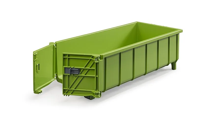 Grüner Bruder Abrollcontainer mit geöffneten Heck-Flügeltüren