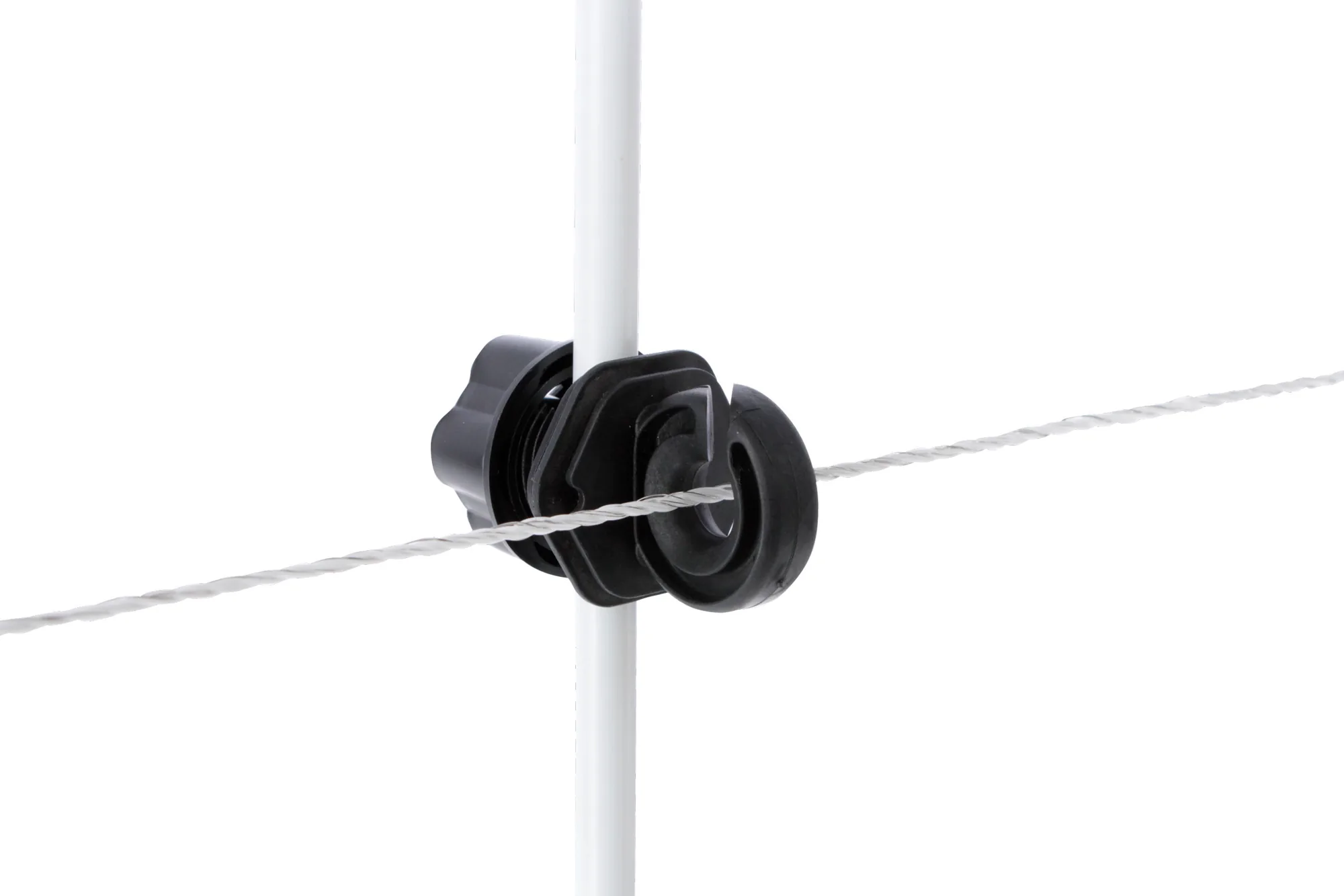 Kerbl Ringisolator schwarz an weißem Pfahl mit weißer Litze, Nahaufnahme