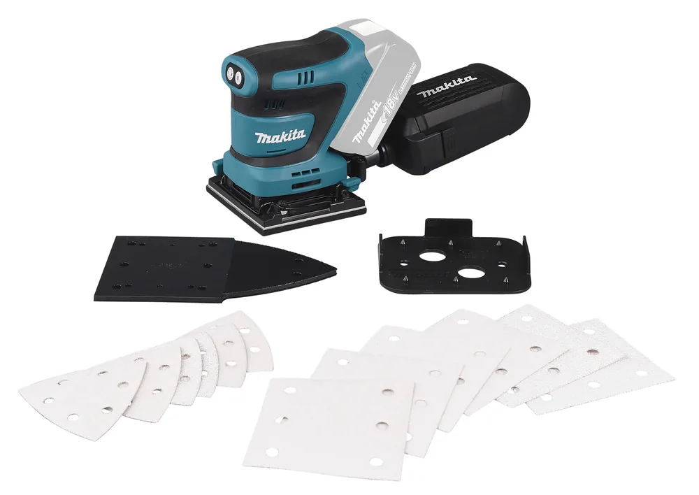 Makita DBO480 Schwingschleifer mit Schleifblättern und Lochplatte