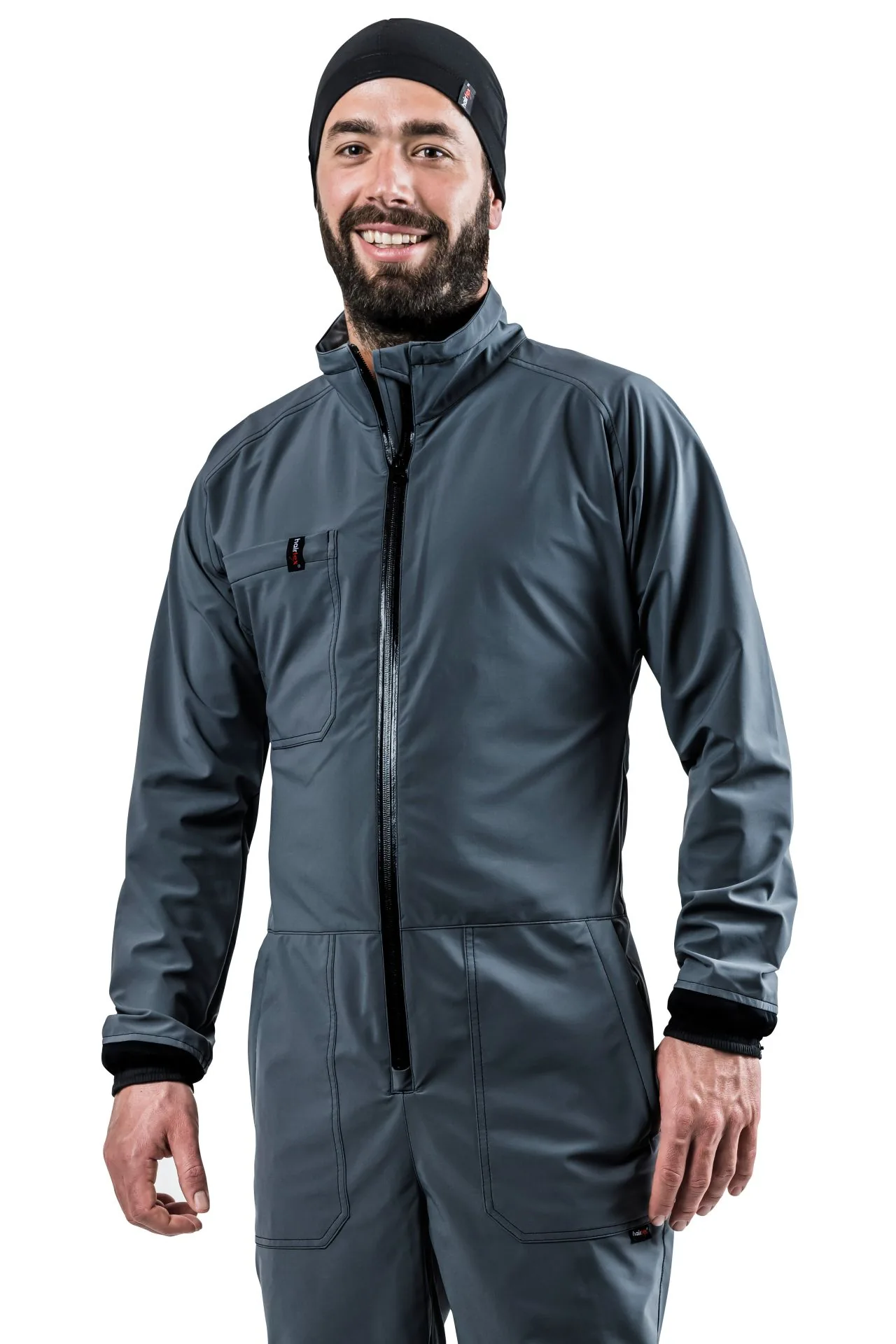 Mann in anthrazitfarbenem Hairtex Herren-Overall mit Stehkragen und Frontreißverschluss