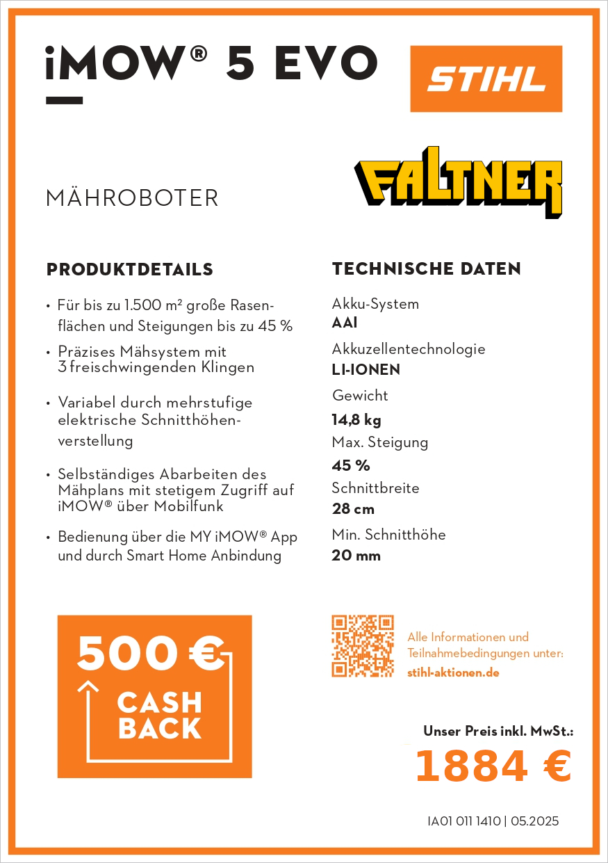 STIHL iMOW 5 EVO Mähroboter – 500 € Cashback, 4G-App, LED-Matrix & 28 cm Disc-Cut bis 1 500 m² Rasen STIHL iMOW 5 EVO Mähroboter – 500 € Cashback, 4G-App, LED-Matrix & 28 cm Disc-Cut bis 1 500 m² Rasen