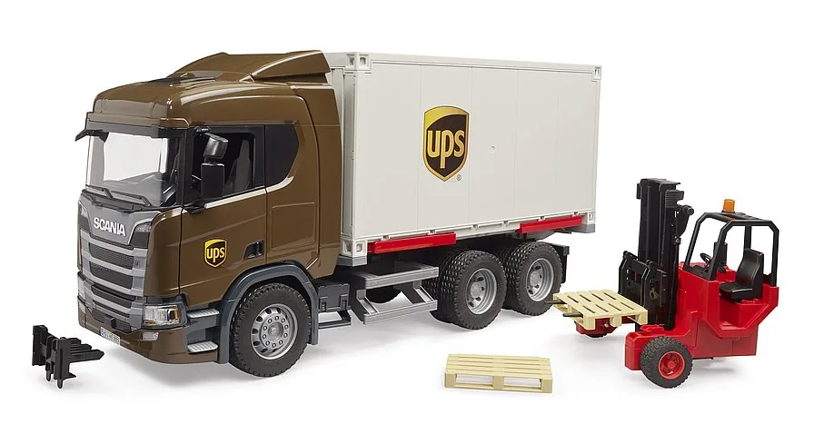 Bruder Scania Super 560R UPS-LKW in Braun mit Container und rotem Gabelstapler, 1:16