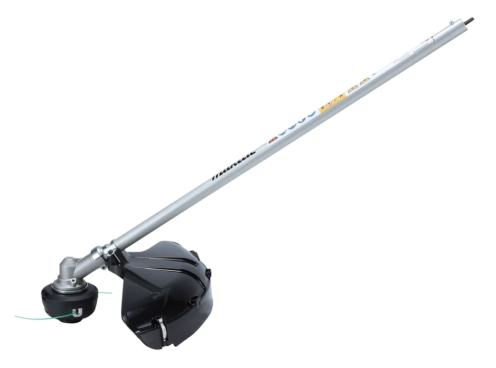 Makita Sensenaufsatz EM404MP mit Fadenkopf und Schutzhaube, Diagonalansicht