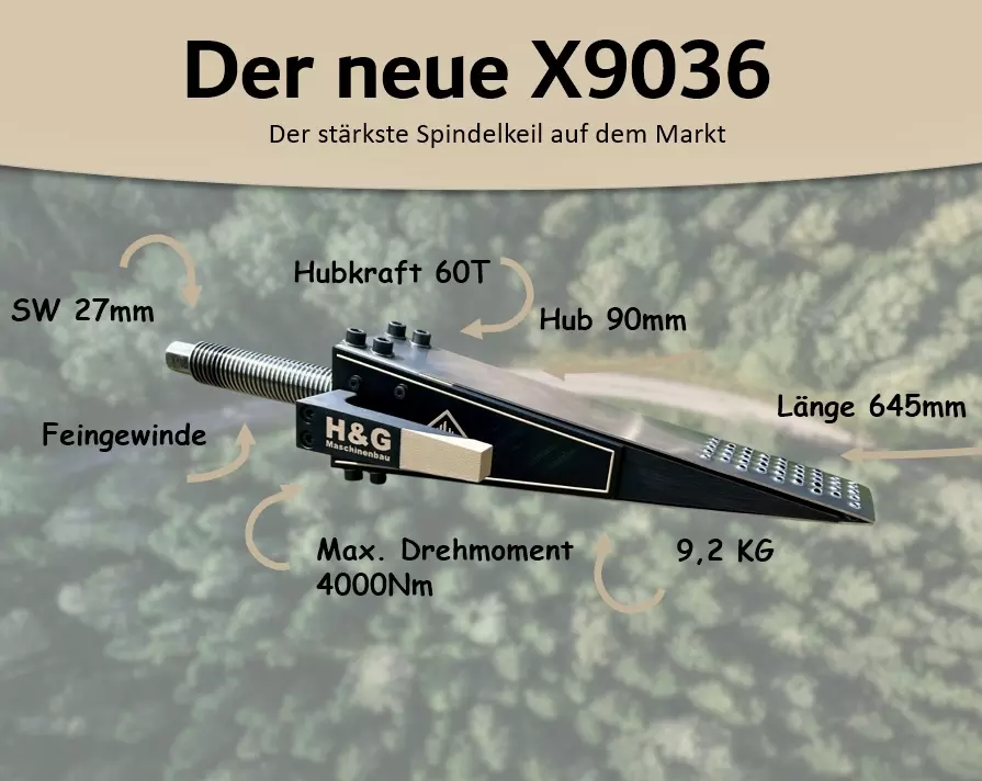 Infografik mit technischen Daten, Maßen und 9cm Hubhöhe des H&G X9036 Fällkeils