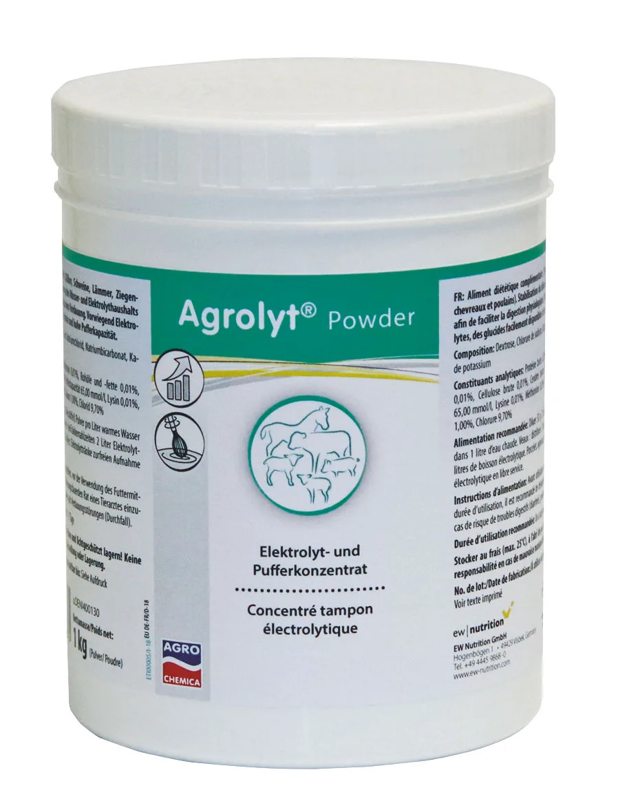 Agrolyt Powder 1 kg, Elektrolyt- und Pufferkonzentrat für Tiere in weißer Dose