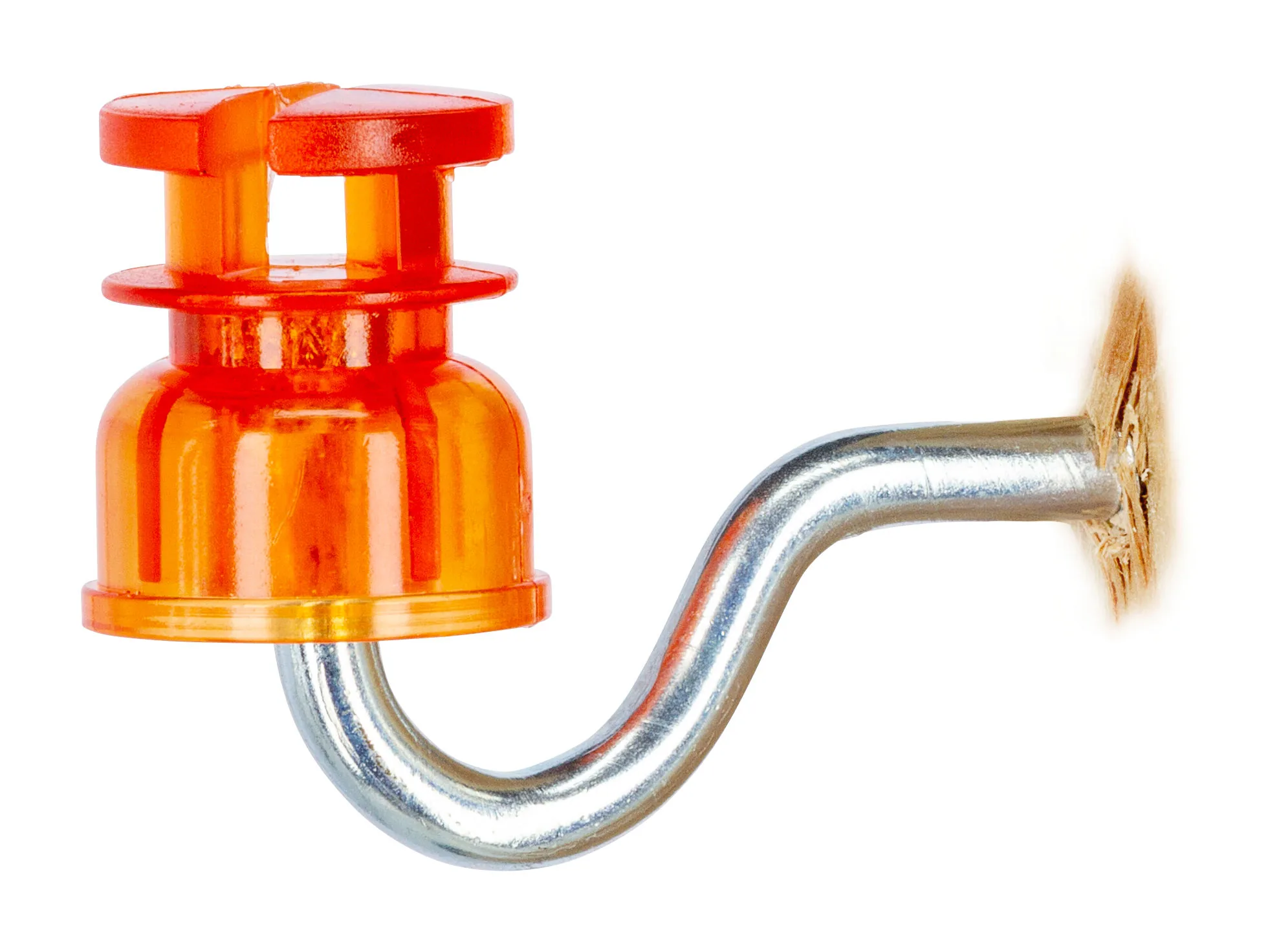 Oranger Polycarbonat-Schlitzisolator auf Metallhaken, freigestellt