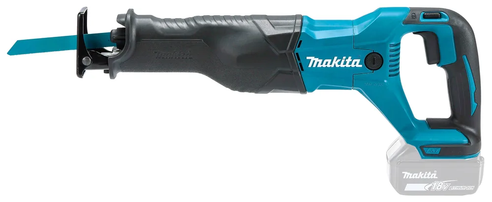 Makita DJR186ZK Akku-Reciprosäge mit Sägeblatt in der Seitenansicht