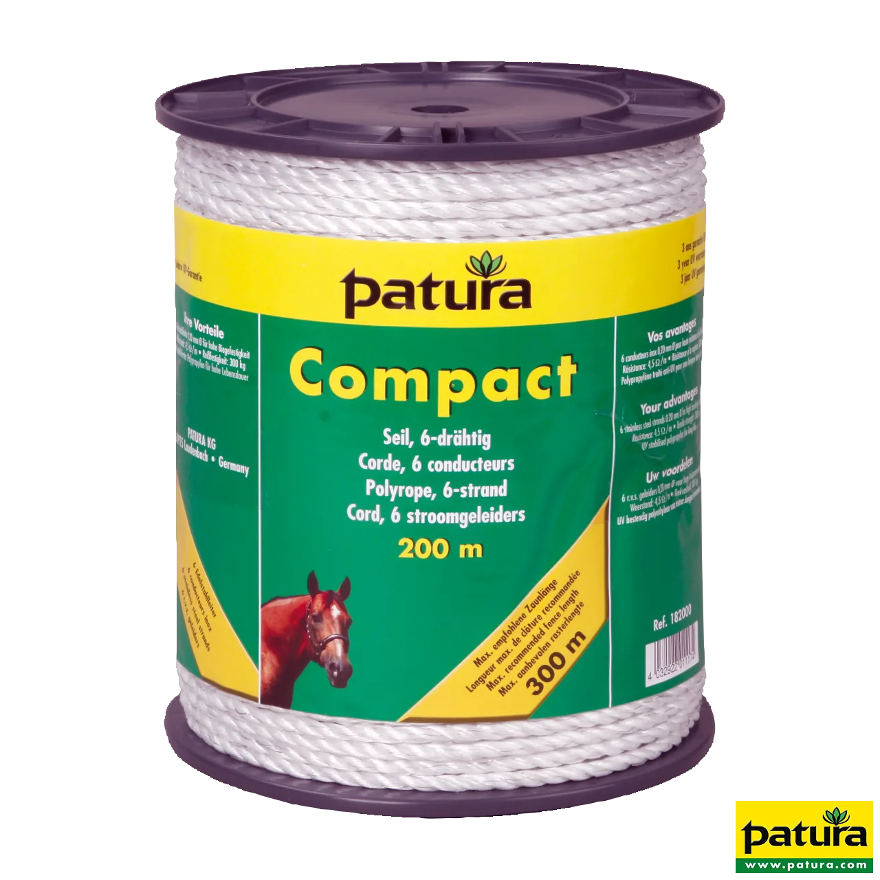 Patura Compact Elektroseil auf 200-m-Rolle in Weiß mit 6 Edelstahlleitern 0,20 mm