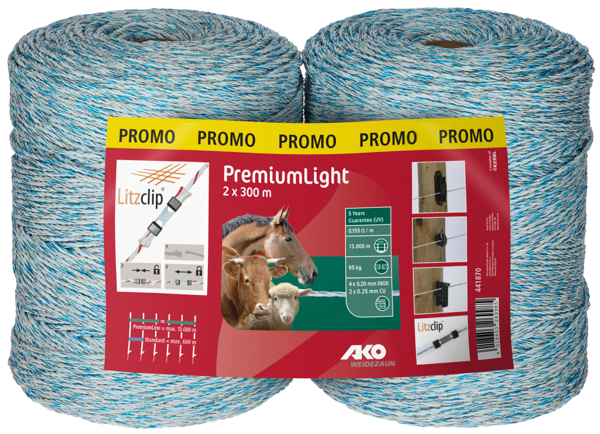 Kerbl Weidezaunlitze Premium Light weiß/blau, 2x300m, Ideal für effiziente Tierweiden