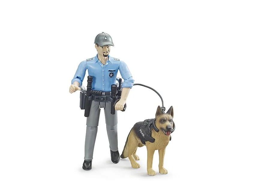 Bruder 62150 bworld Polizist-Figur in blauem Hemd mit Schäferhund, Maßstab 1:16