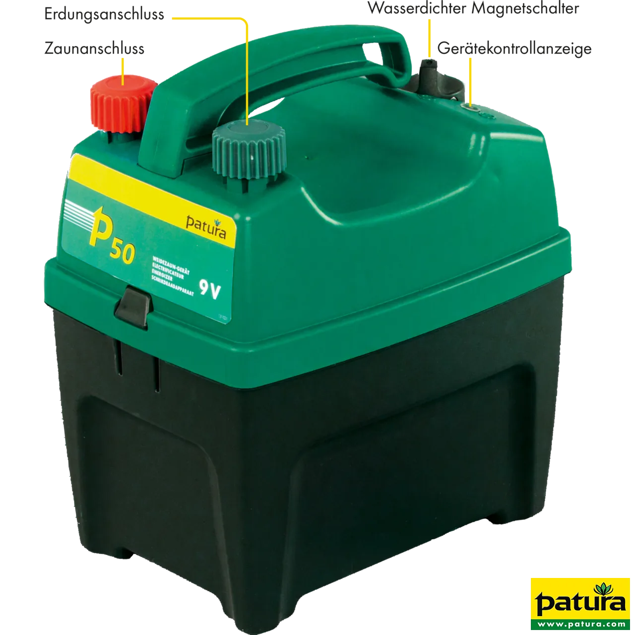 Patura P50 Weidezaun-Gerät für 9-V-Batterie mit beschrifteten Anschlüssen