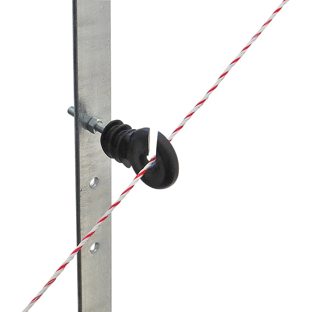 Schwarzer Ring-Isolator mit Litze am Metallpfosten