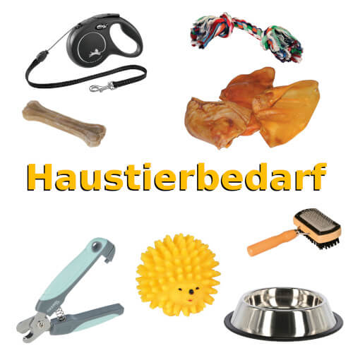 Haustierbedarf für Hunde: Robuste Leinen, Hundespielzeug, Kauartikel, Futternäpfe und Pflegezubehör wie Krallenscheren.