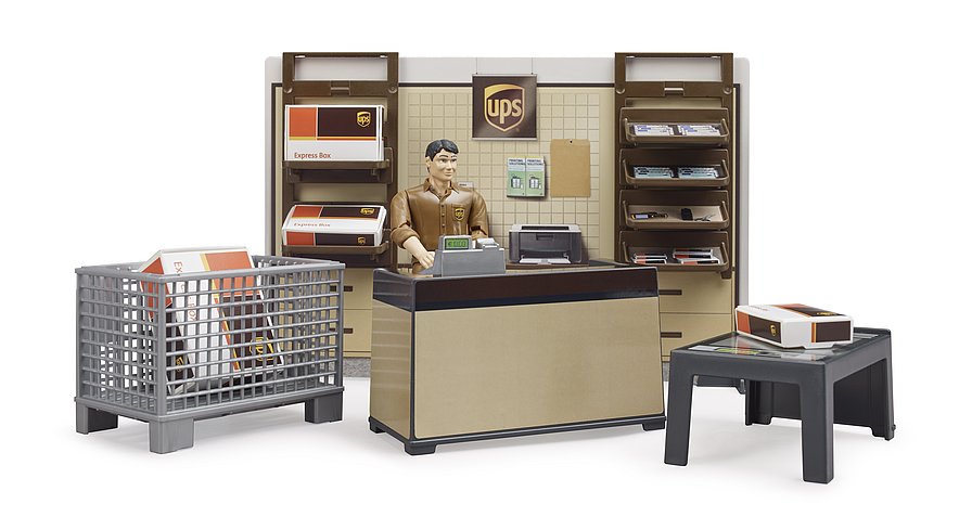 BRUDER bworld UPS Paketshop 62250: Kompletter Set mit Mitarbeiter und Paketen