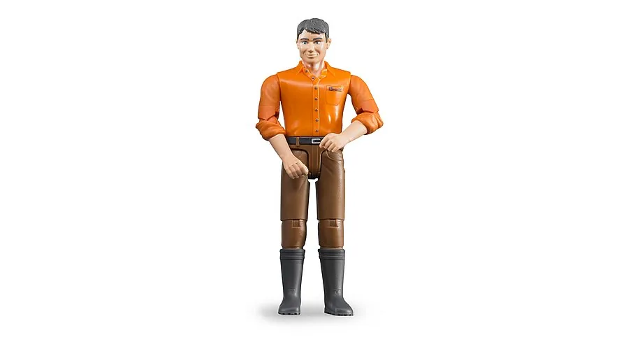 Bruder bworld Spielfigur, Mann mit orangefarbenem Hemd, brauner Hose und Gummistiefeln, 1:16