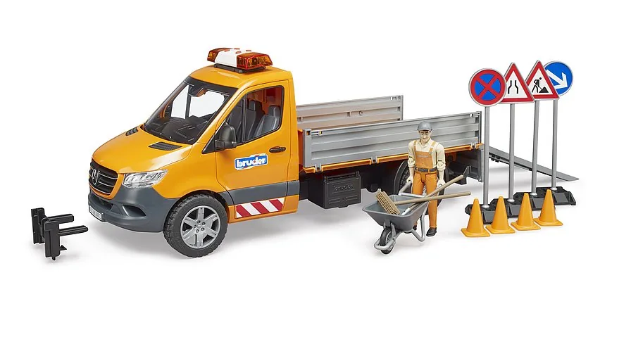 BRUDER Straßenbau-Set: Sprinter Kommunalwagen mit Bauarbeiter beim Aufstellen von Baustellenschildern