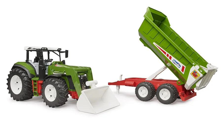 Funktionsdarstellung: Kippbarer Anhänger des BRUDER ROADMAX Traktors, ideal für den Sandkasten