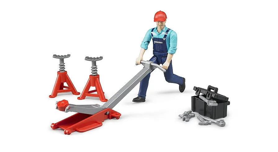 Bruder Werkstatt-Set mit Mechaniker-Figur, Rangierwagenheber, Unterstellböcken und Werkzeug, 1:16