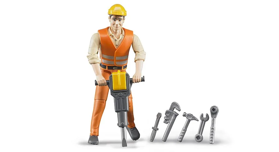 Bruder Bauarbeiter-Figur mit Warnweste, Helm, Presslufthammer und Werkzeugen, Maßstab 1:16