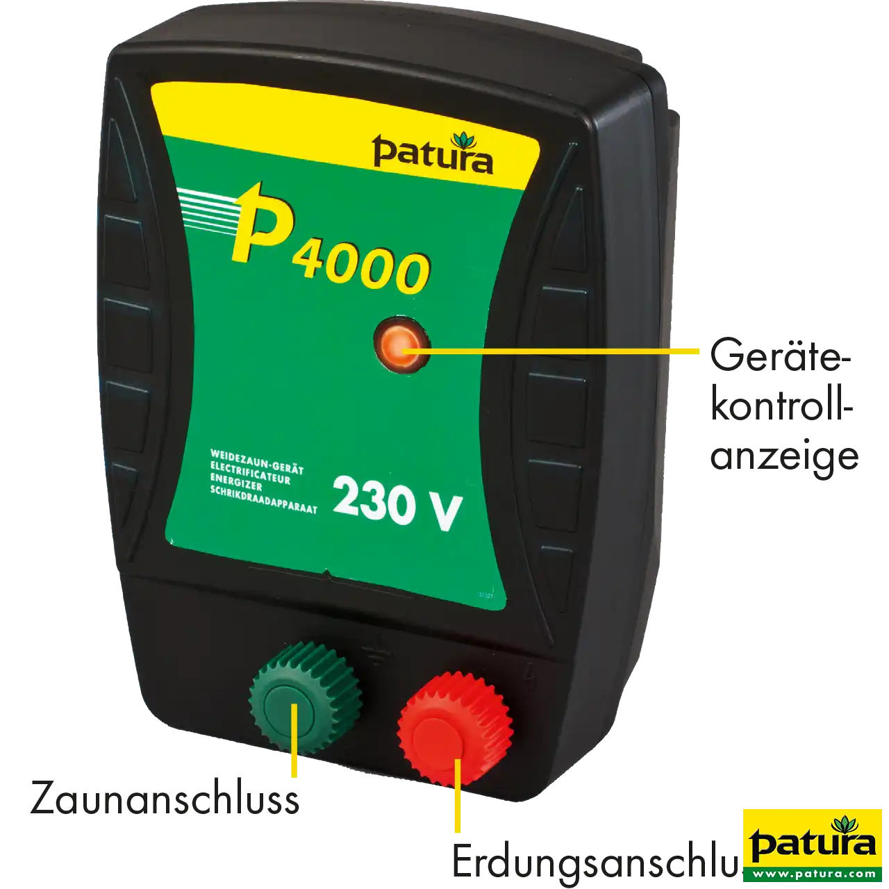 Patura P4000 Weidezaungerät 230V 144040 mit Geräte-Kontrollanzeige, Zaunanschluss und Erdungsanschluss