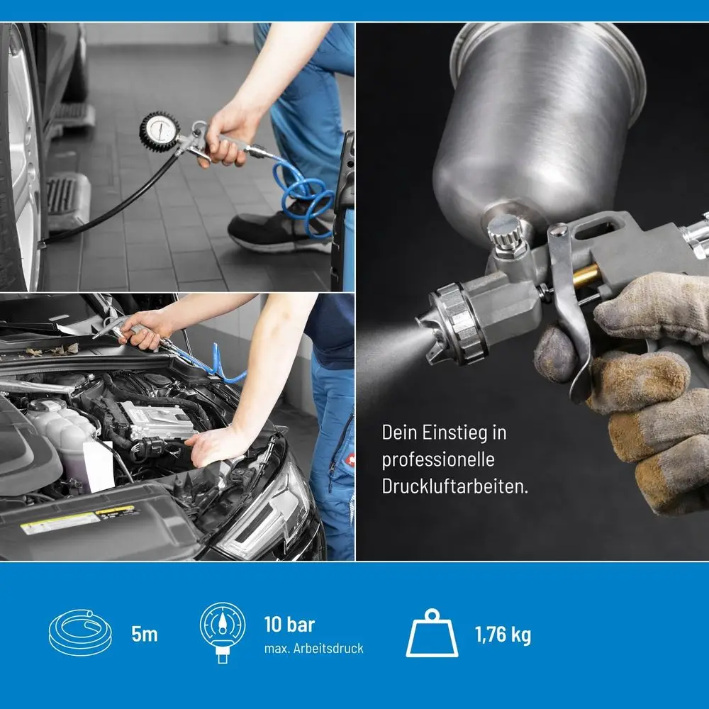 Güde Druckluft-Set Metall 5-teilig, Anwendungs-Collage (Reifenfüllen, Motorraum, Lackieren), Infografik