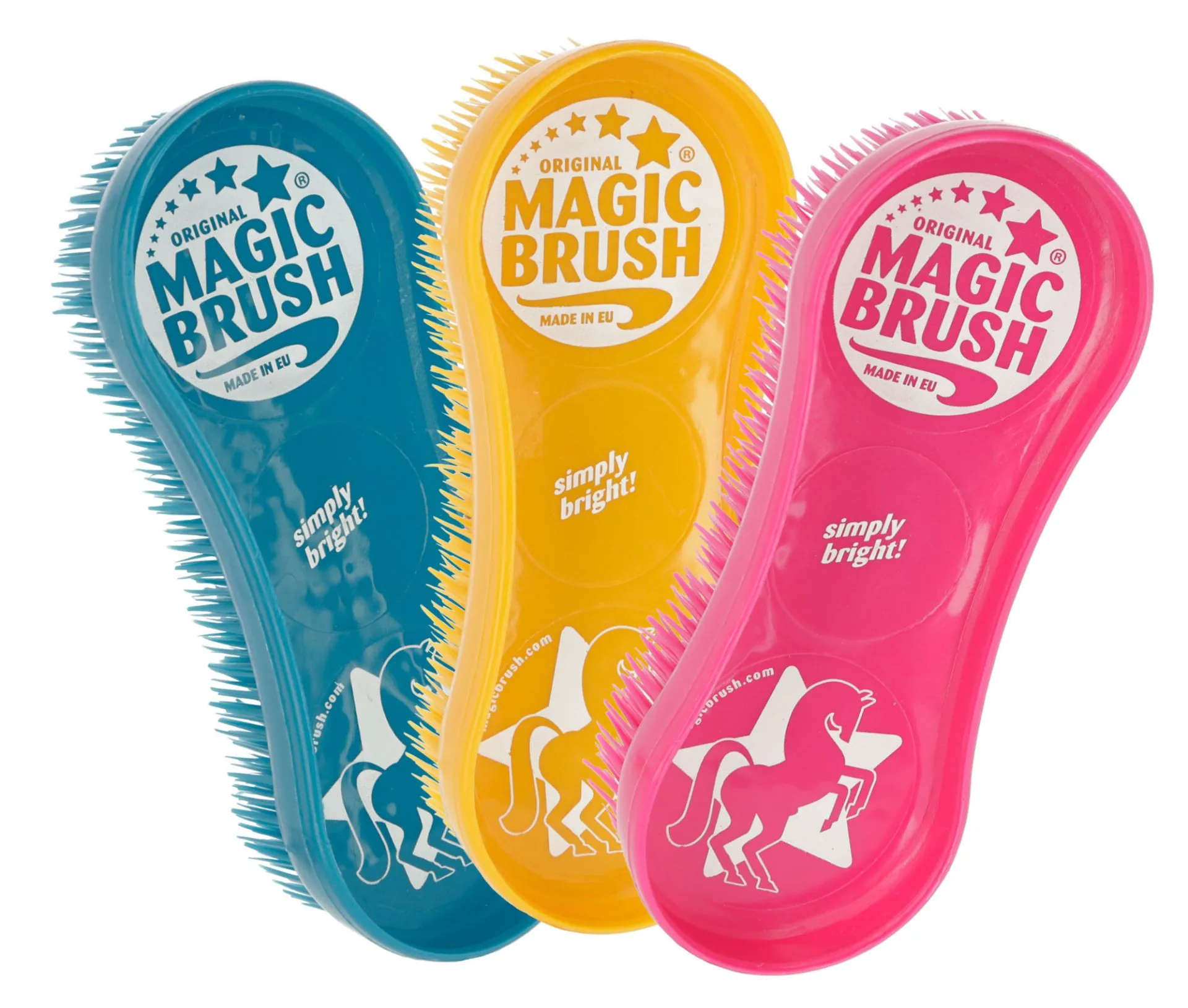 MagicBrush Set Classic mit drei Tierpflegebürsten in Blau, Gelb und Pink