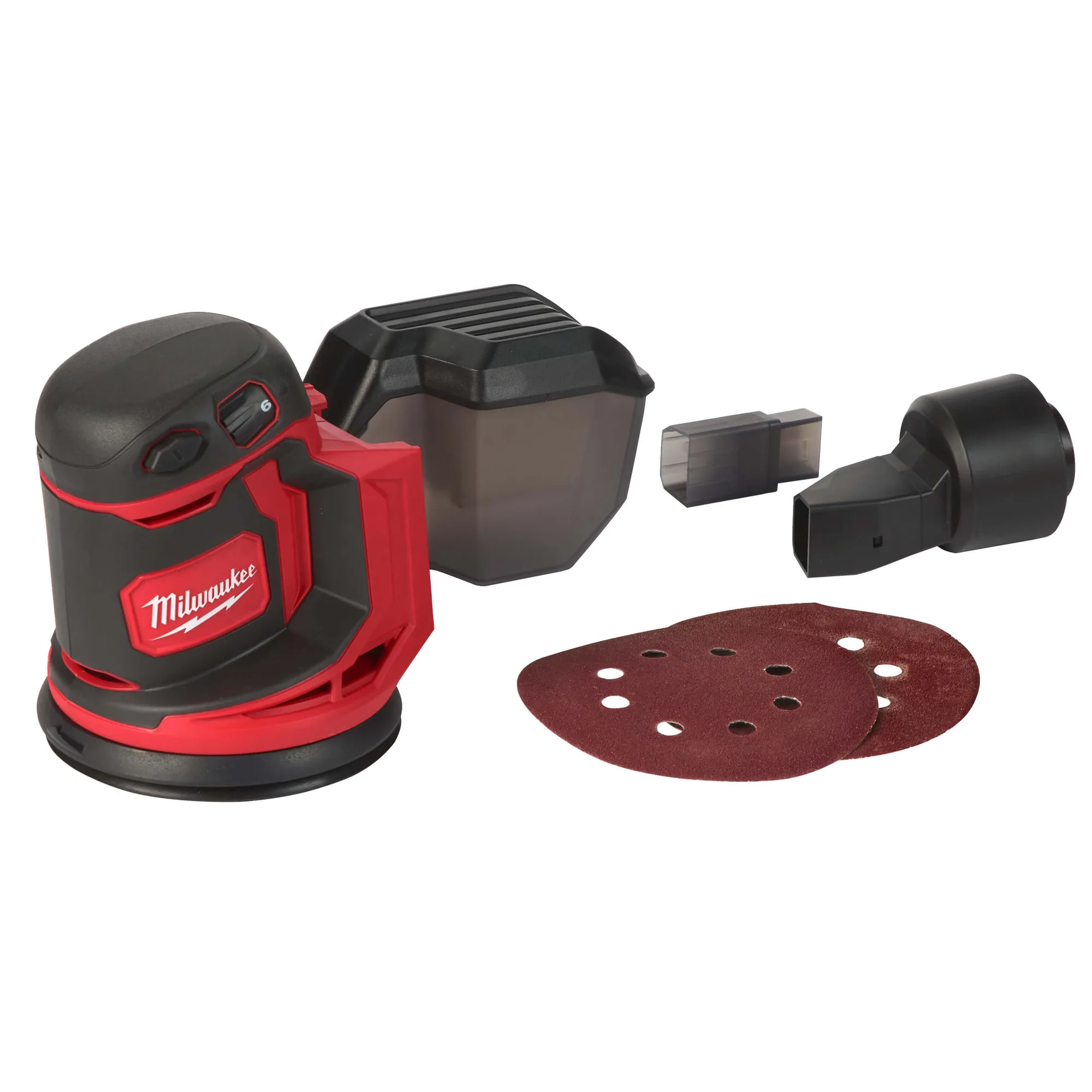 Milwaukee M18 BOS125 Exzenterschleifer mit Staubbeutel, Schleifteller und Adapter