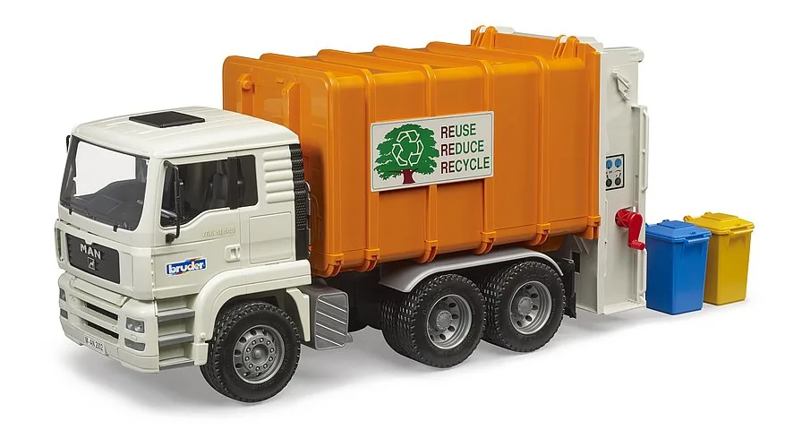 Bruder 02772 MAN TGA Müll-LKW Hecklader in Orange-Weiß mit zwei Mülltonnen, Spielzeug 1:16