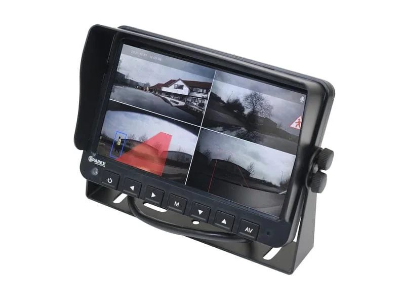 Nahaufnahme des Sparex S.169110 7″ HD Touch-Monitors mit Bedientasten und Live-Displayansicht