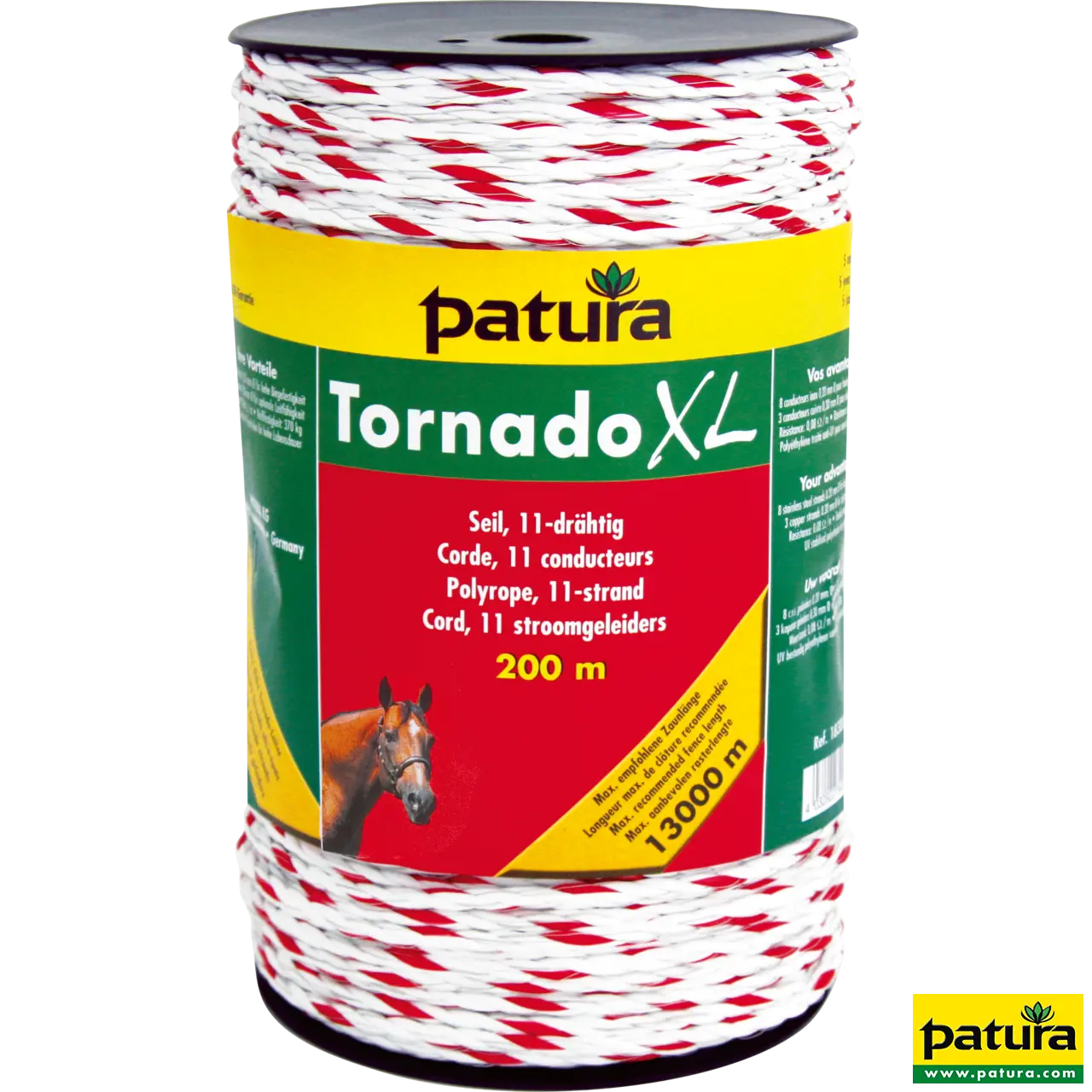 Patura Tornado XL Elektroseil weiß-rot auf 200-m-Rolle mit 8 Niro- und 3 Kupferleitern