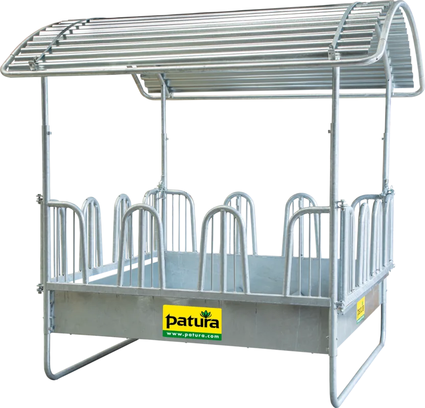 Patura Compact-Viereckraufe aus verzinktem Stahl mit Dach und Palisaden-Fressgittern