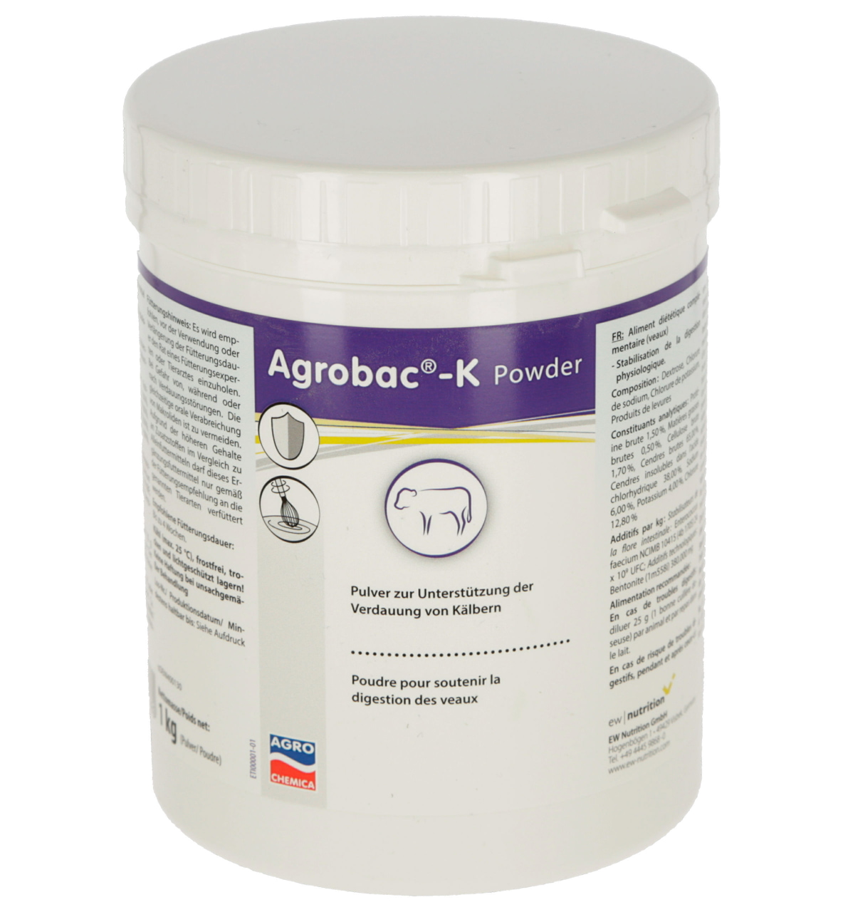 Agrobac-K Pulver 1kg - Kerbl, Unterstützt die Verdauung von Kälbern bei Durchfall, enthält Elektrolyte, Hefe und Bentonit zur Stabilisierung der Darmflora