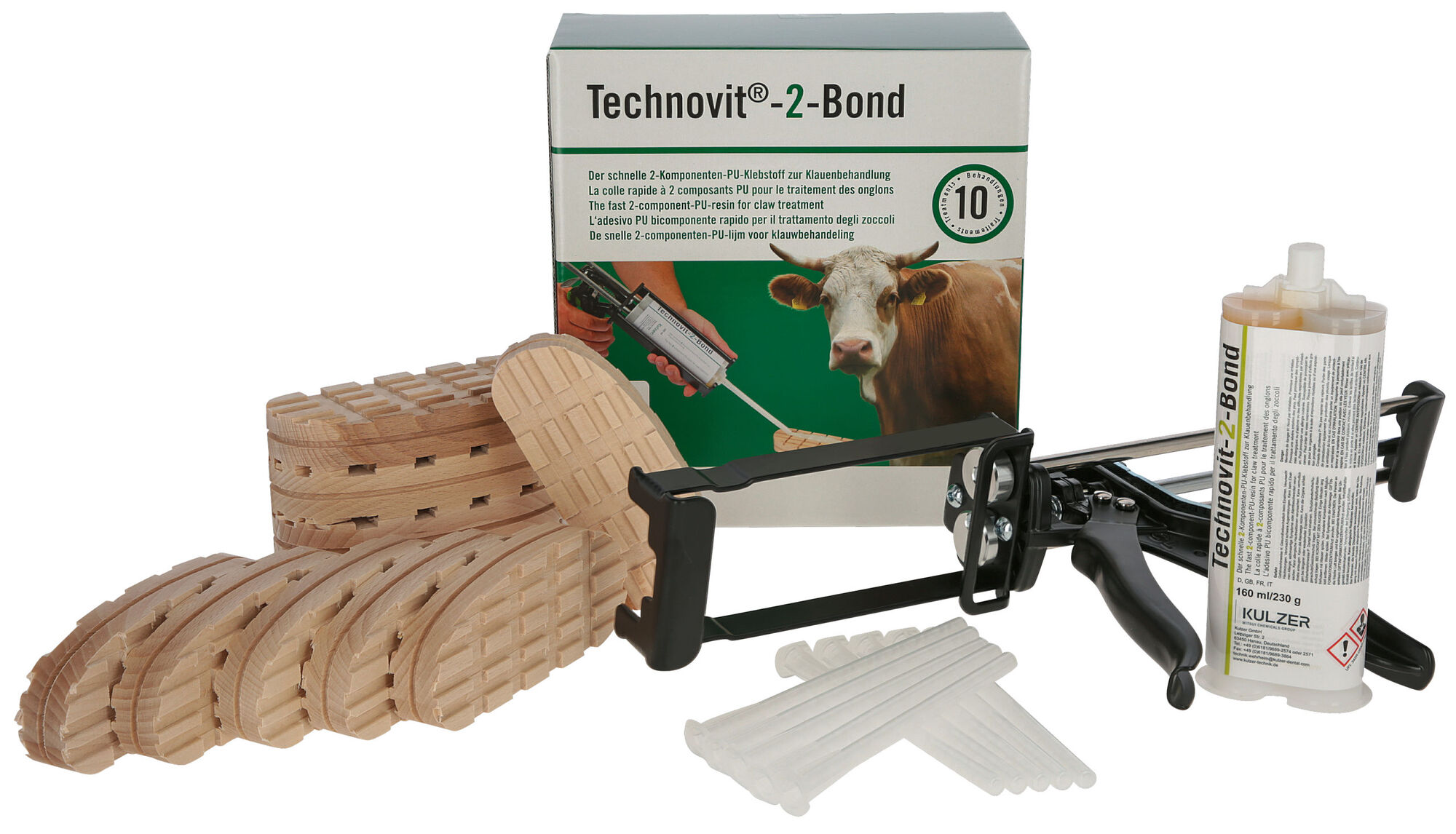 Kerbl Technovit-2-Bond Starterset mit Dosierpistole - Schnelltrocknender Zweikomponentenkleber für Hufpflege zur Befestigung von Holz- oder Gummiblöcken für Pferde.