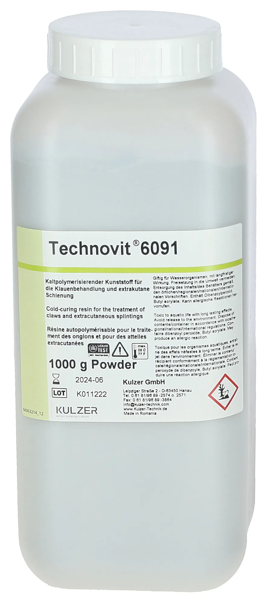 Technovit 6091 Pulver 1000 g von Kulzer in weißer Flasche für die Klauenbehandlung