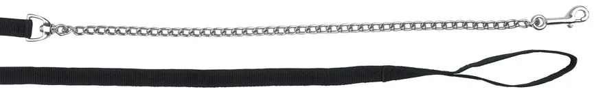 Schwarze Führleine mit Kette und Karabiner ausgestreckt, freigestellt