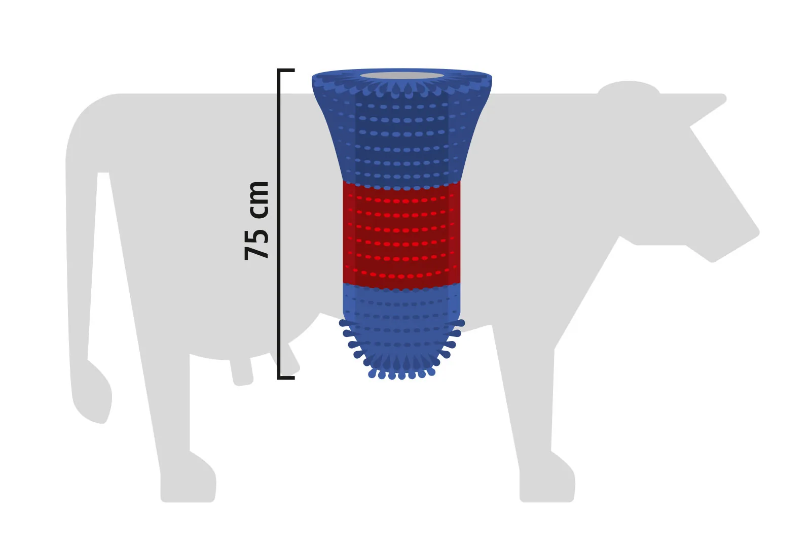 Maßzeichnung der Kerbl HAPPYCOW FlexiSwing Kuhbürste mit Rinder-Silhouette (75 cm)