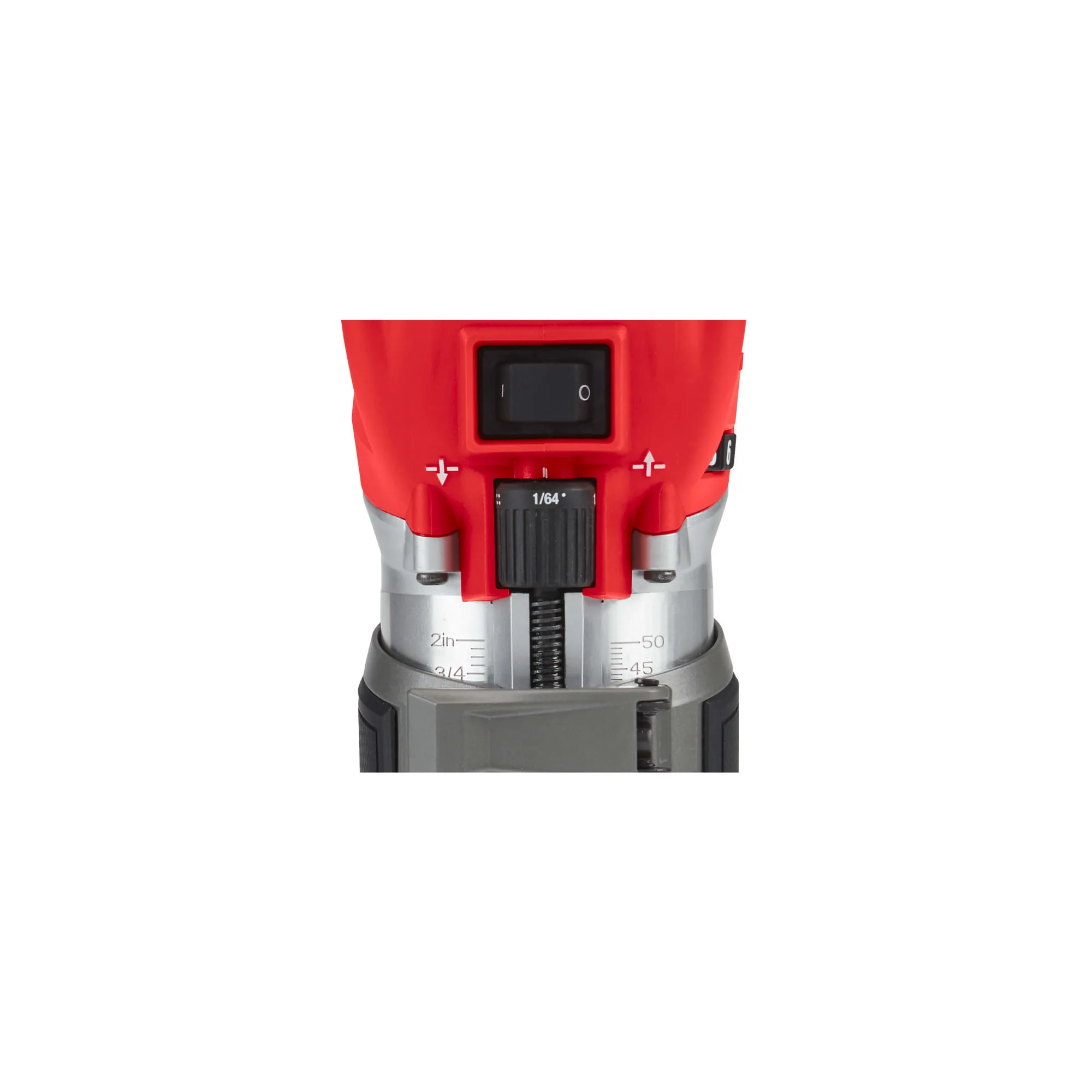 Detail von Schalter und Tiefenverstellung der Milwaukee M18 FTR8 Kantenfräse