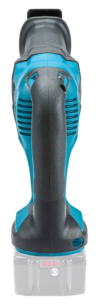 Makita DJR186ZK Akku-Reciprosäge in der Rückansicht mit Akku-Aufnahme