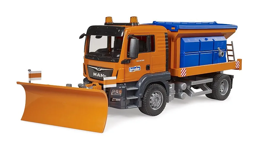 Bruder MAN TGS Winterdienst-LKW in Orange mit Räumschild und Salzstreuer, Spielzeug 1:16