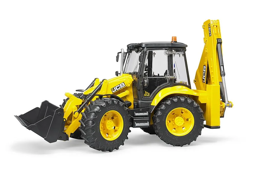 Frontansicht des JCB Baggerladers mit abgesenkter, kippbarer Frontschaufel