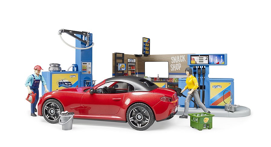 BRUDER 62111 bworld Tankstelle mit Fahrzeug und Waschplatz – Realistisches Spielset für kleine Autofans