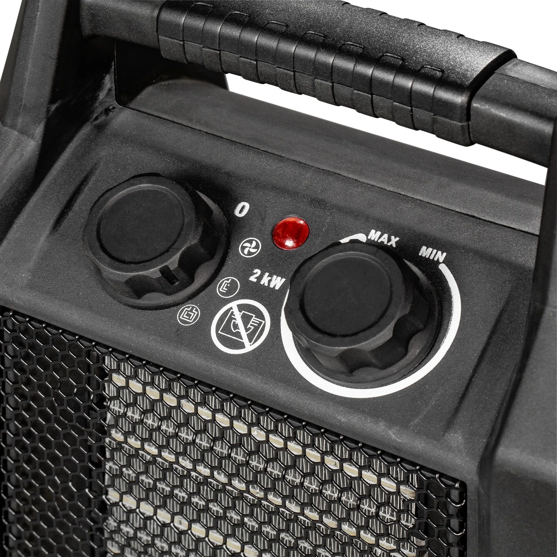 Elektroheizer CH 2000, Detail der Bedienelemente (0 / 2 kW / MAX–MIN)
