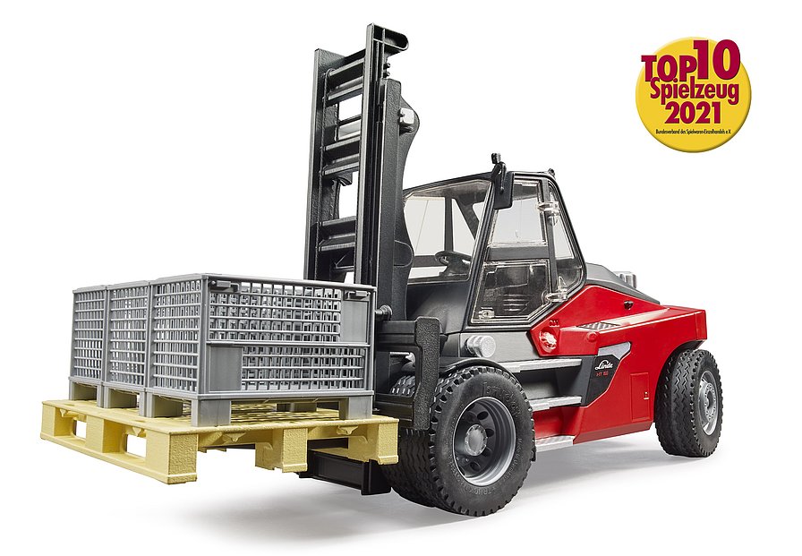 BRUDER 02513 Linde HT160D Gabelstapler mit Palette und 3 Gitterboxen – Robustes Spielzeug für realistische Logistikabenteuer
