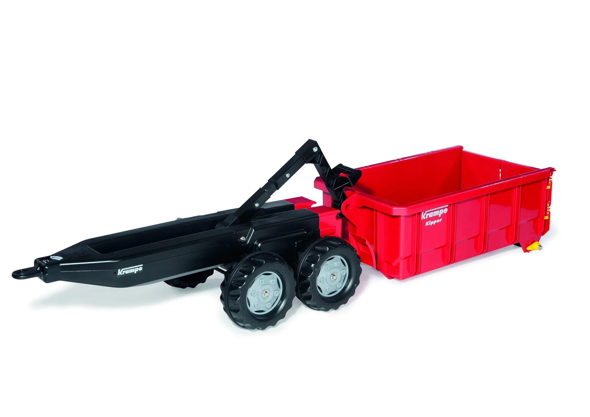 Roter rollyContainer Krampe Kipp-Anhänger mit Abrollmulde, Seitenansicht freigestellt
