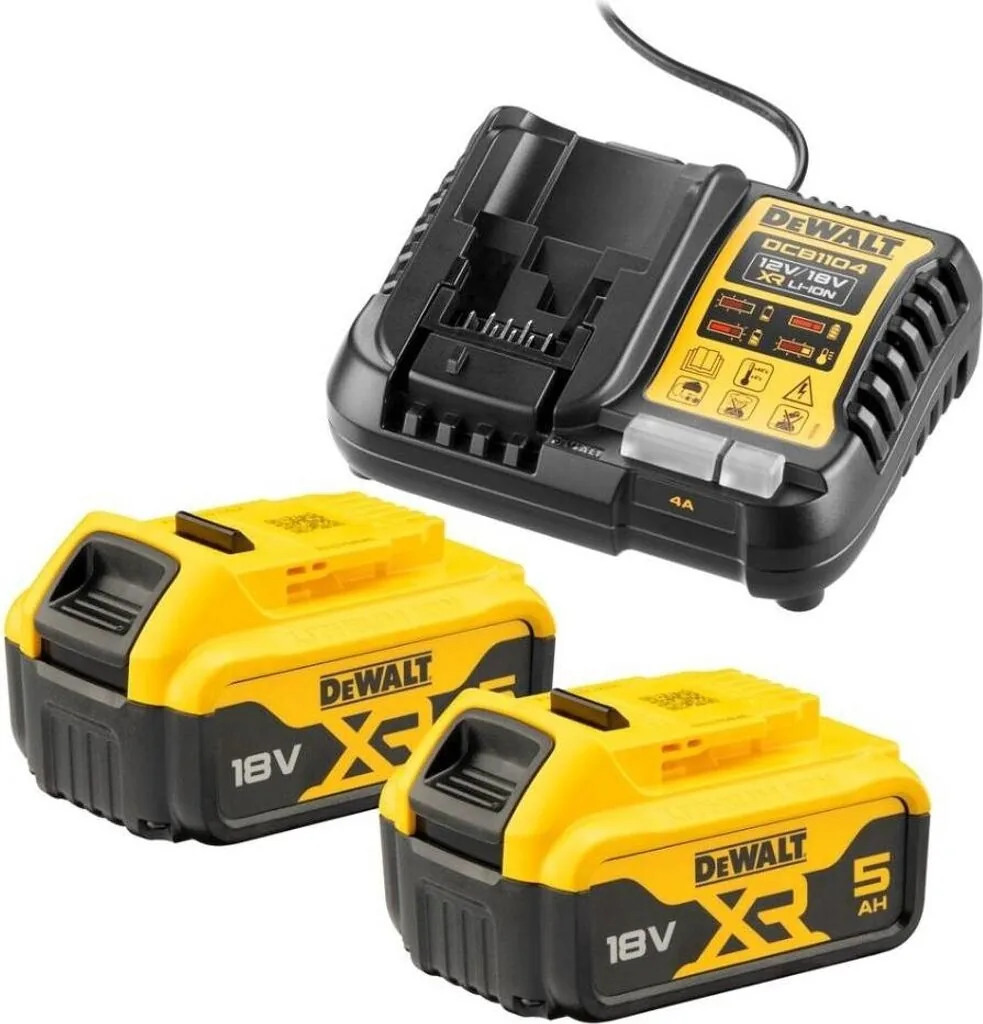 DeWalt Schnellladegerät mit zwei 18V XR 5,0 Ah Akkus, Produktansicht freigestellt