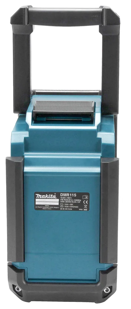 Makita DMR115 Akku-Baustellenradio von der Rückseite mit Akkufach