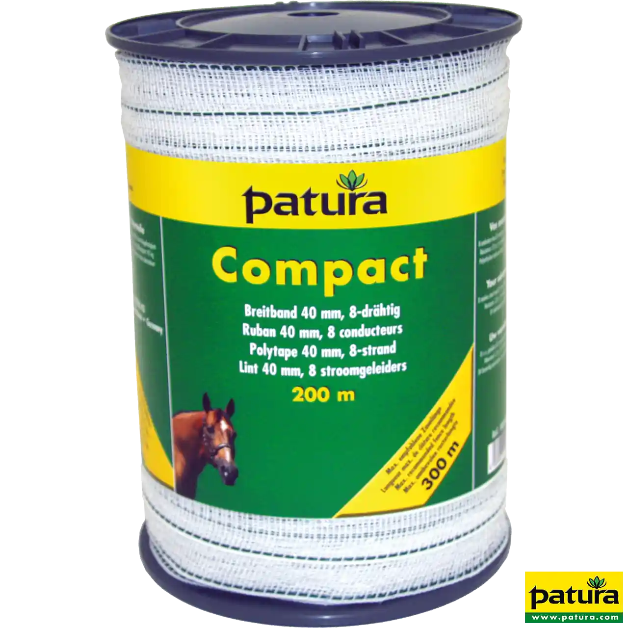 Patura Compact Breitband Weidezaunband 40 mm auf 200-m-Rolle in Weiß-Grün mit 8 Edelstahlleitern
