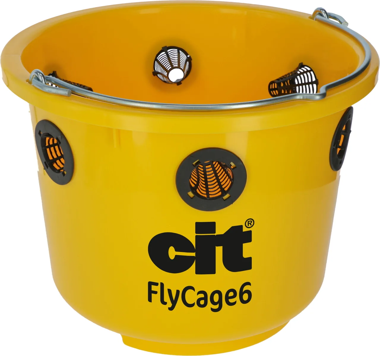 Gelbe cit FlyCage6 Fliegenfalle von oben mit Einflugtrichtern und Tragebügel