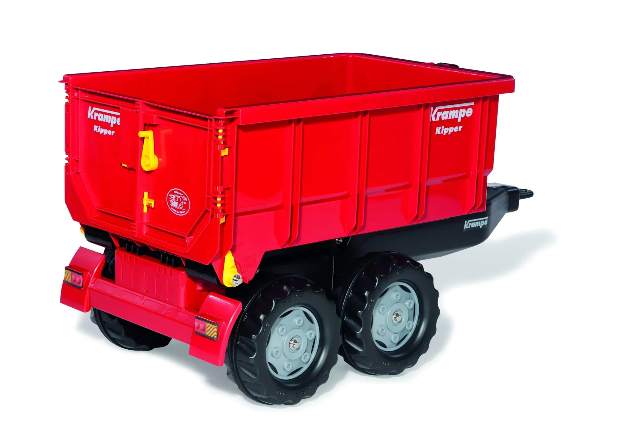 Roter rollyContainer Krampe mit aufgestellter Mulde, Heckansicht freigestellt