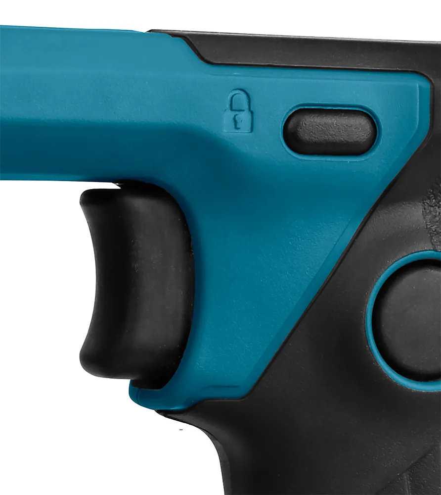 Verriegelungsknopf und Griff des Makita DUT130Z in der Detailaufnahme